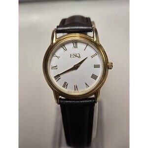 ESQ By Movado Gold Tone 26mm Ladies' Watch. Black Leather Band. New Battery